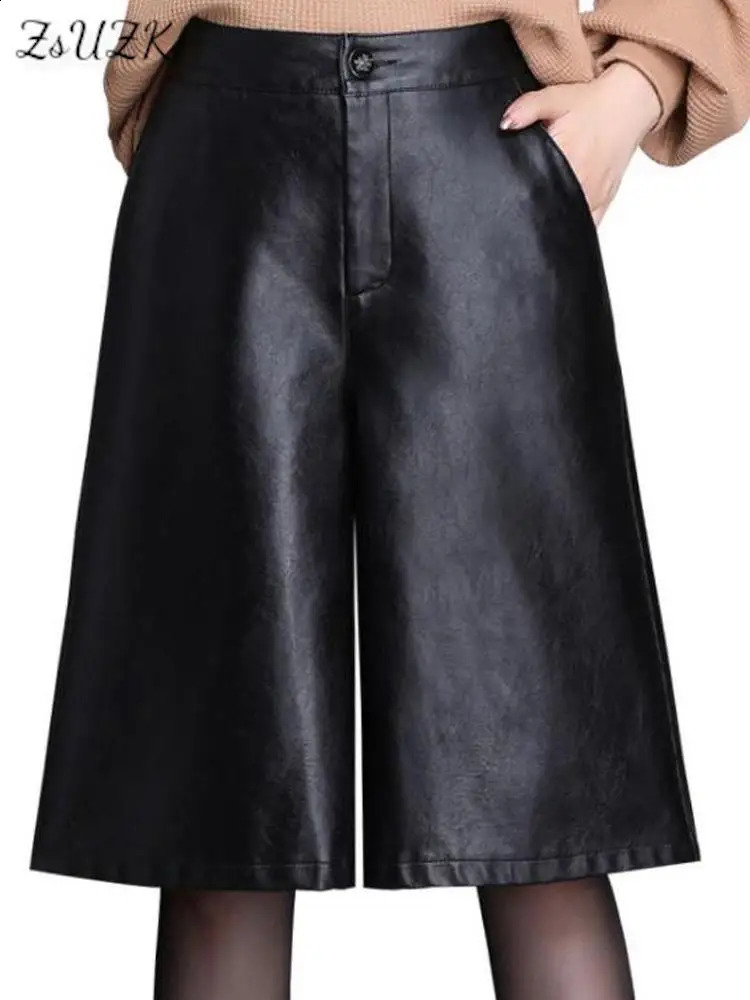 Black PU Leather Bermuda Shorts For Women Loose Long Shorts Motorcycle Punk High Waist Knee Length Bermuda Femme 250319