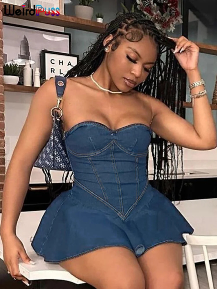 Weird Puss Denim Strapless Sexy Dress Women Summer Trend Skinny Hipster Fashion Concert Birthday Party Clubwear Y2K Bodycon 250319