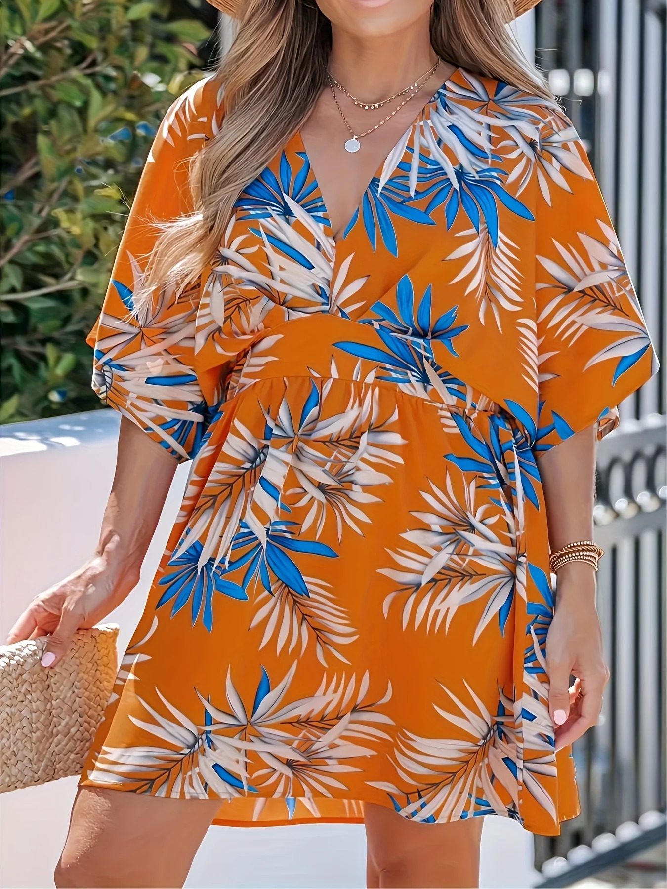 Large size springsummer vacation beach style leaf print dress waist lightweight and breathable essential fabric for 250319