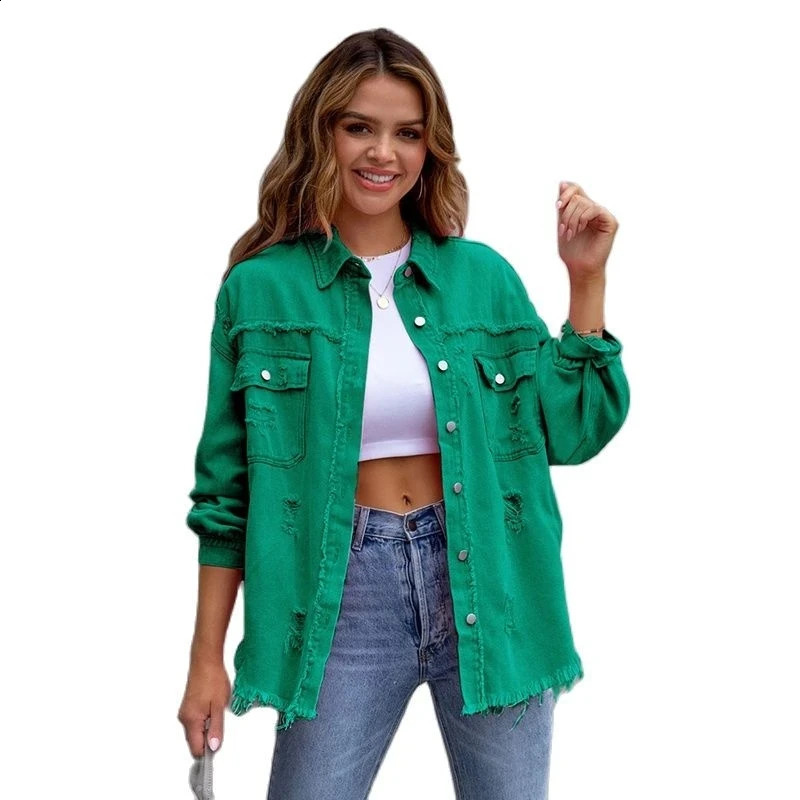 Hole Edge Denim Jacket Womens Spring/Autumn Shirt Style Jeans Casual Top Rose Red Orange Purple Coat Womens Coat 250317