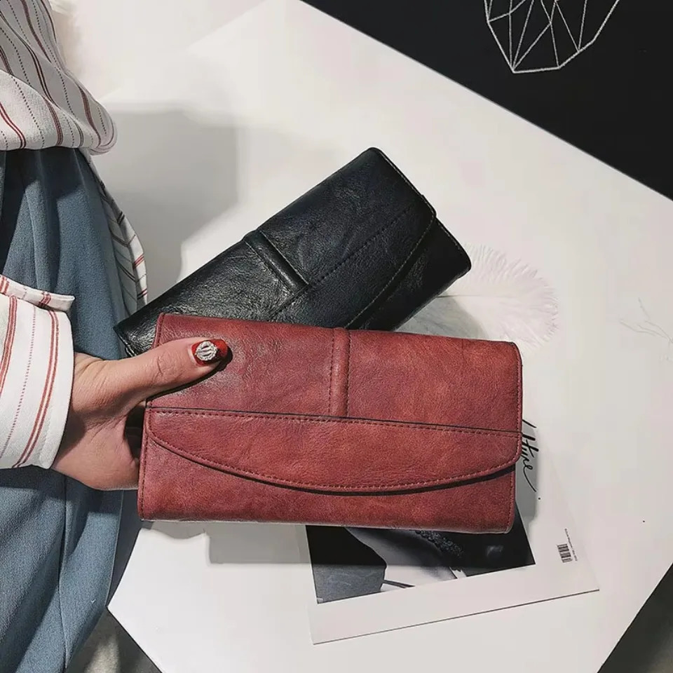 Vintage Trifold Wallet Womens Long PU Leather Wallet Womens Clutch Wallet Buckle Womens Mobile Phone Bag Womens Card Bag Womens High Quality 250317