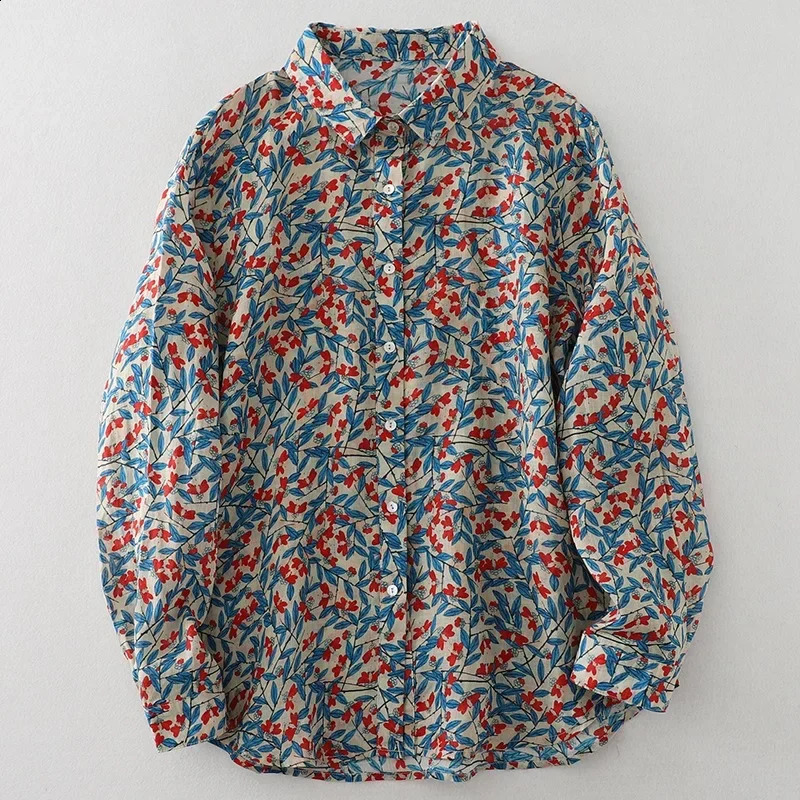 Blue Leaf Fragment Cotton Linen Shirt Womens 2024 Autumn Style French Artistic Polo Collar Long Sleeve Printing Cardigan To 250319