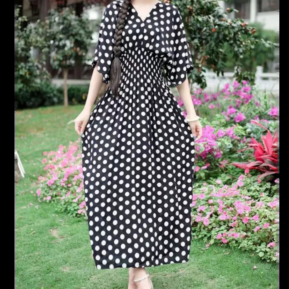 Womens Vneck Short sleeved Dress Elegant Sweet Printed Casual Retro Bohemian Elastic Waist ALine 250319