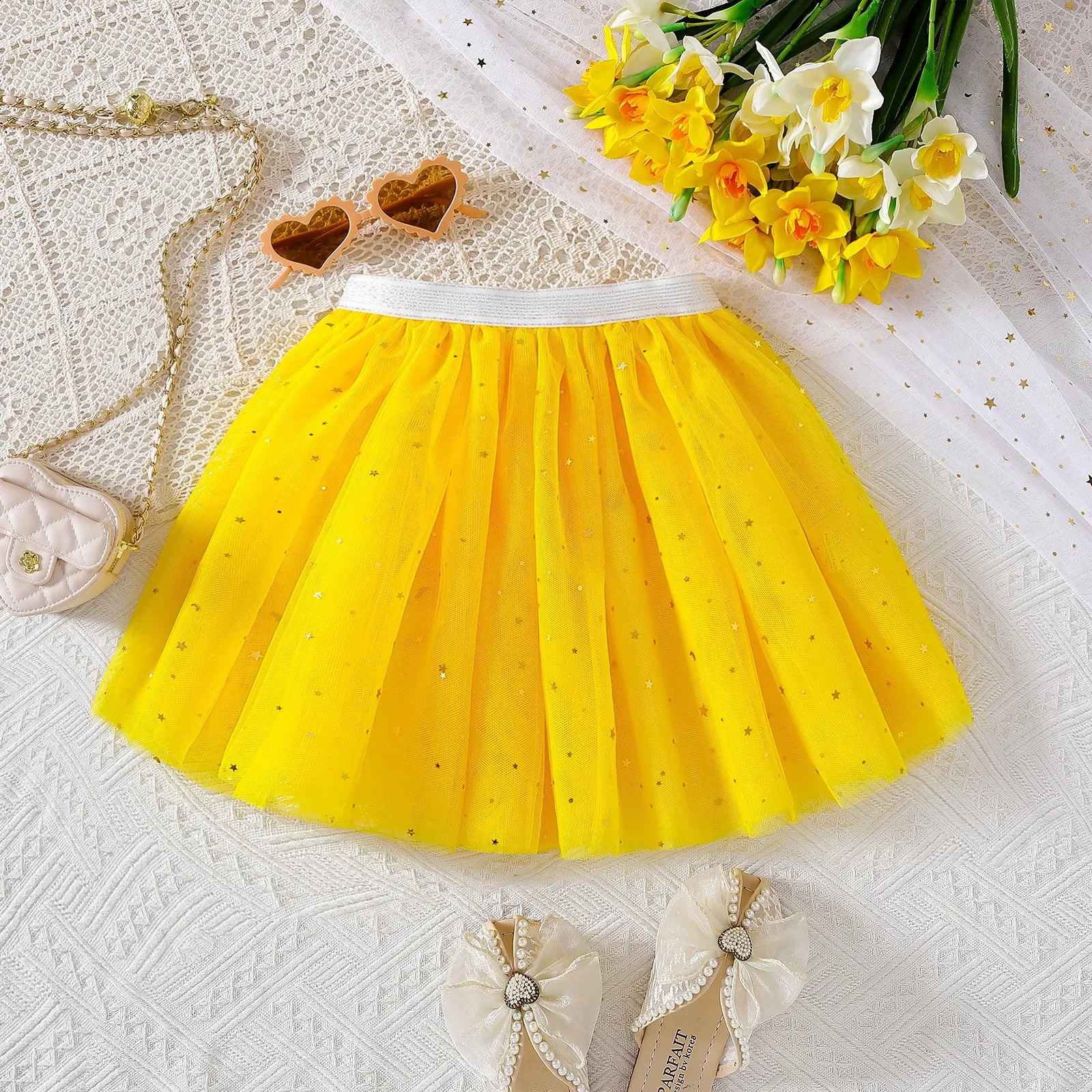 2025 Girls Tulle Star Short Kids Tutu Skirt Children Fancy Ballet Dancewear Party Costume Ball Gown Mini Skirt Yellow 2-8Y 250319