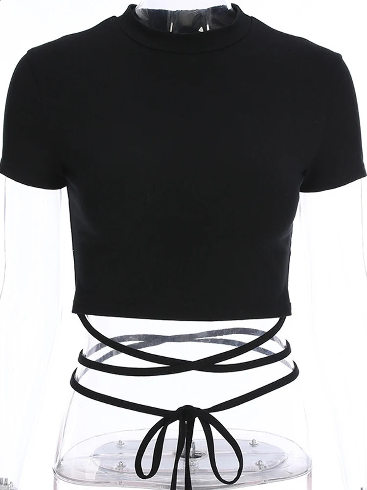 Summer Women Black Short T-Shirts Sexy Crop Tops Short Sleeve Bandage Tee Tops Female Shirts 250319