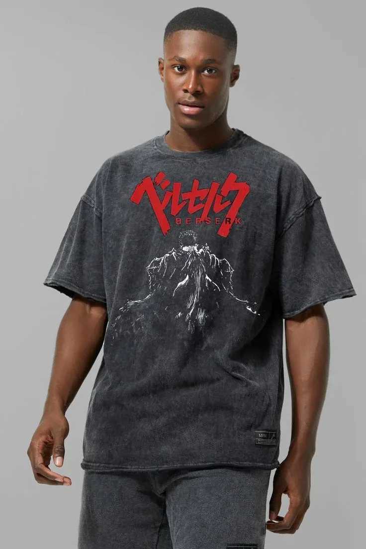 Mens Washing T-shirt Fury Anime T-shirt Guts Skeleton Knight Graphic Printing T-shirt Cotton Short Sleeve Neutral Street Clothing 2024T250318