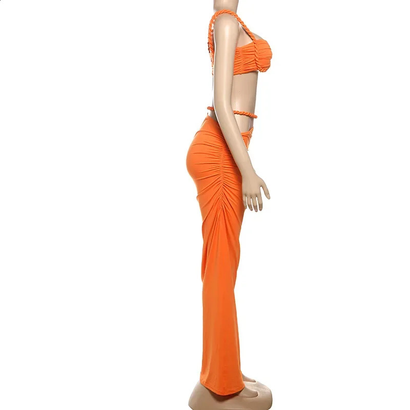 Summer Bandage Ruffle Beach Dress Set Womens Sleeveless Backless Top Tight corset Maxi Long Sleeve Two Piece Matching 250318