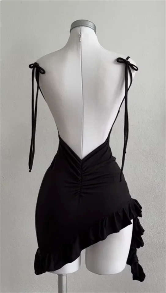 Sleeveless Backless Ruffles Mini Dress Women Summer Y2K Lace Up Black Bodycon Dresses Party Club Streetwear 2025 Sundress 250319