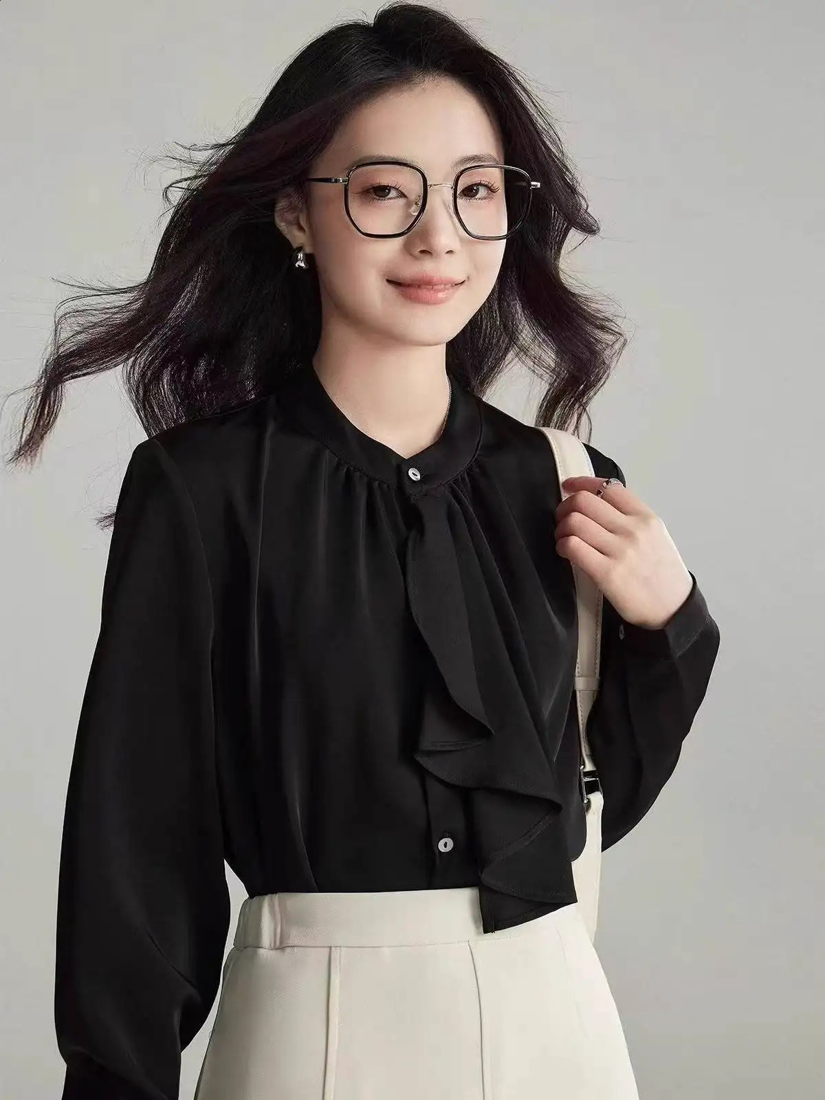 Spring and Autumn Elegant Fashion Scarf Collar Shirt Womens Long Sleeve Warm Solid Color Full Match Top Button 250319