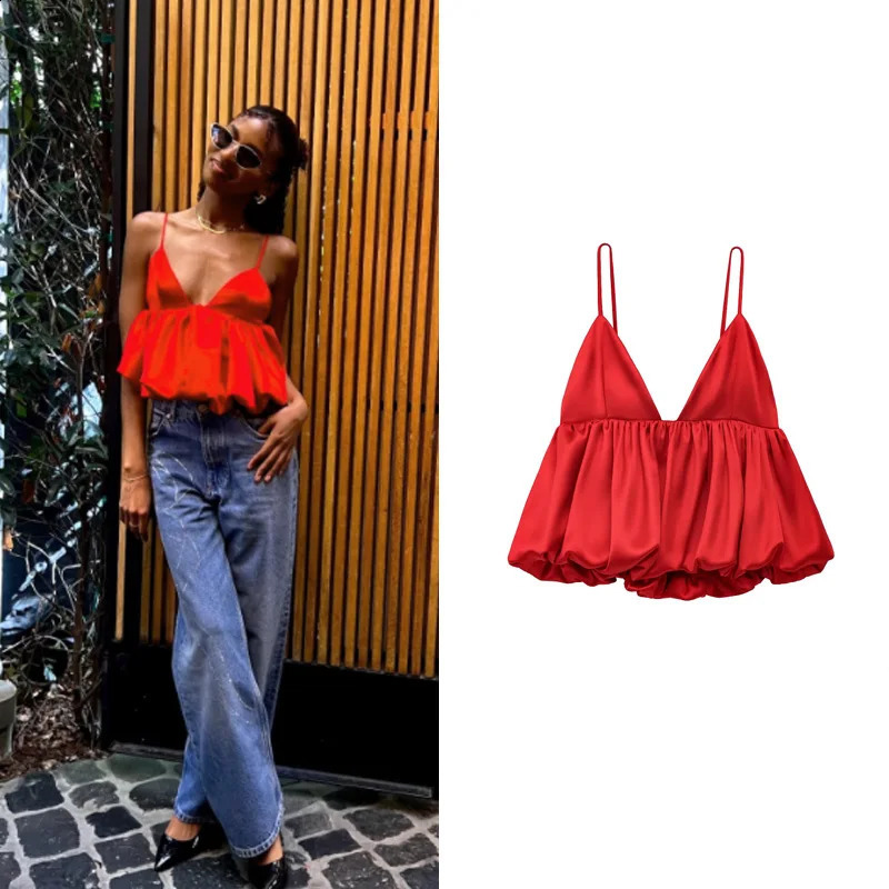 TRAF Red Y2k Mini Sliding Top Womens Spring Sexy Elegant Tank Top Fashion Casual Party Sleeveless Backless Short Top 250314