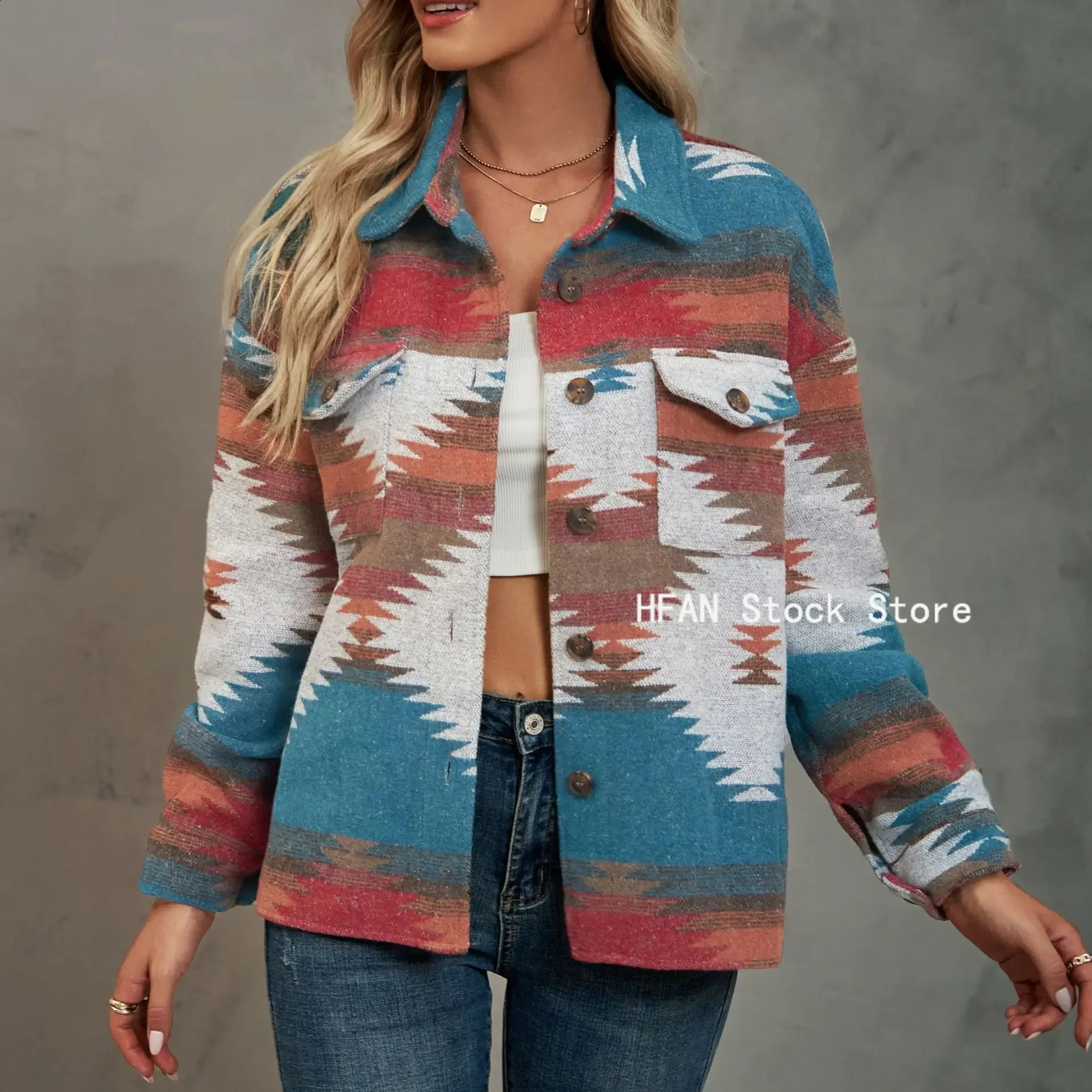 Retro jacket womens patchwork loose jacket denim print Aztec retro ethnic style long sleeved streetwear womens Gothic jacket 250317