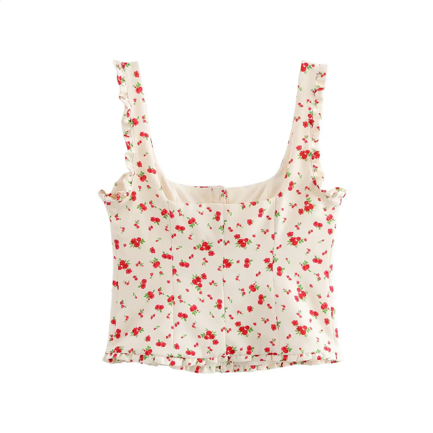 ZBZA Women Floral Print Vest Pleated Skirt Set Square Collar Single Breasted Crop Top High Waist Zip Aline Summer 250318