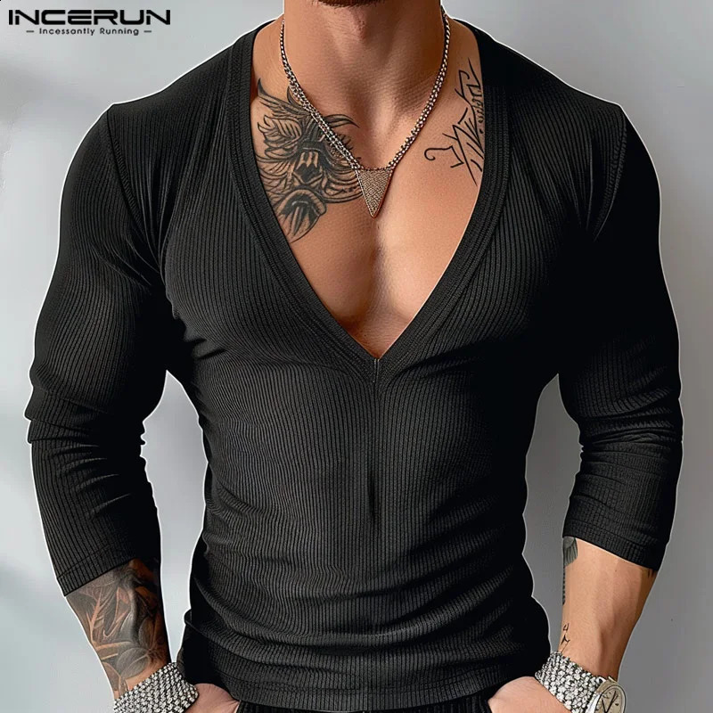 INCERUN Tops American Style Sexy Mens V-neck Striped T-shirt Casual Well Fitting Male Long Sleeved Camiseta S-5XL 250319