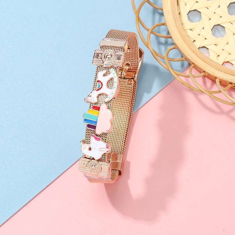 10mm Unicorn Rainbow Beads Charm Bracelets DIY Stainless Steel Mesh Belt Bracelet Pulseras Mujer For Women Men Jewelry Gift