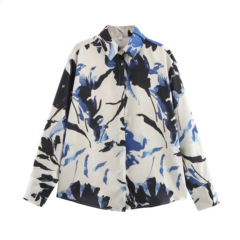 Printed silk satin textured shirt womens long sleeved laminated decorative and top 250319