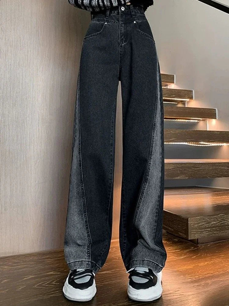 Womens high waisted jeans American womens patched work straight leg pants girls black gray contrasting wide 250317