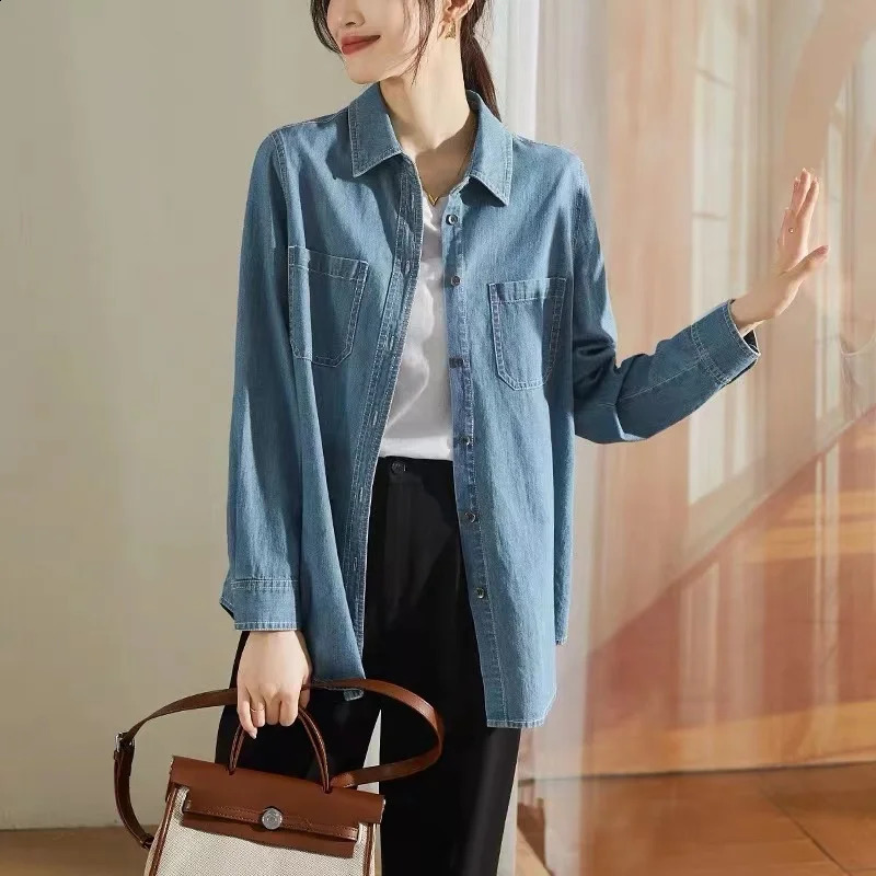 #3129 Blue Denim Shirts Women Long Sleeve Cotton 100% Vintage Jeans Shirts Femme Loose Ladies Tops And Blouses Spring Autumn 250318