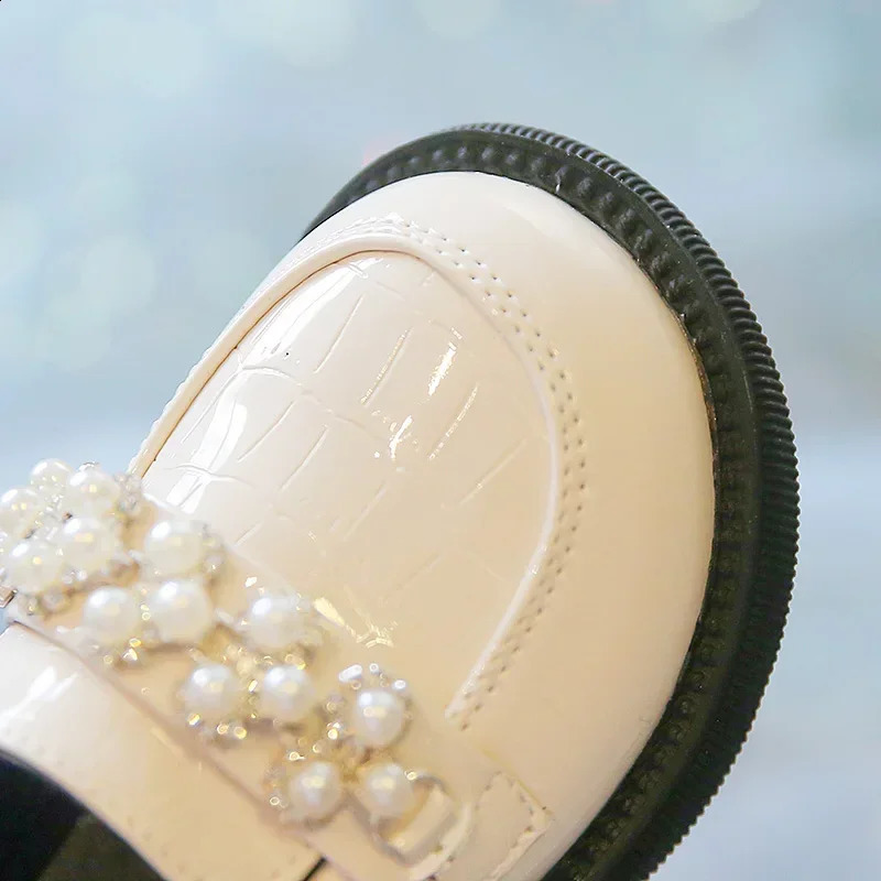 Kids PU Leather Shoes Spring Autumn Fashion Girls Pearls Casual Princess Flats Soft Loafers Simple Children Black Beige 250319