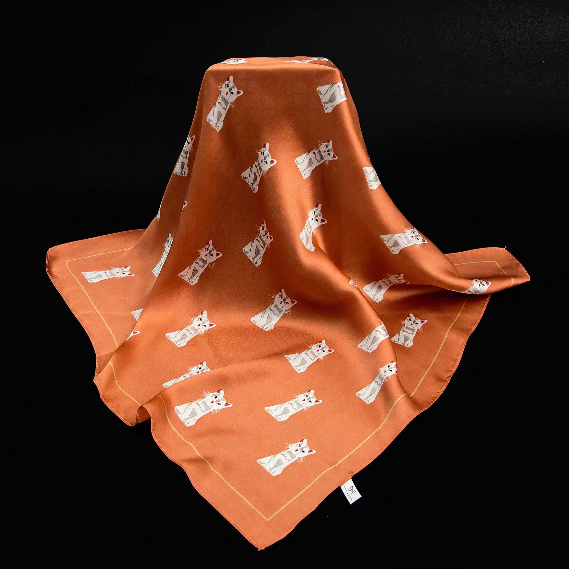 New fashion cat print silk square scarf 60cm with headband used for womens neck satin scarf handle X250319