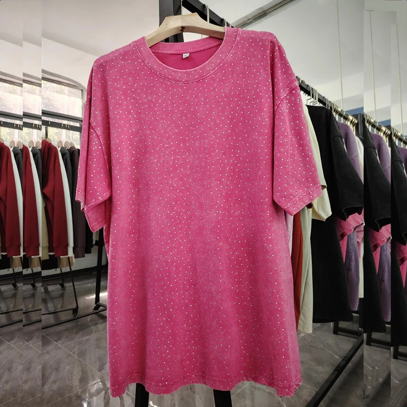 Full Printed Rhinestone T-Shirt Oversize 100% Cotton Retro T Shirt Adult Unisex Vintage Washed TShirt Short Sleeve Streetwear T 250318