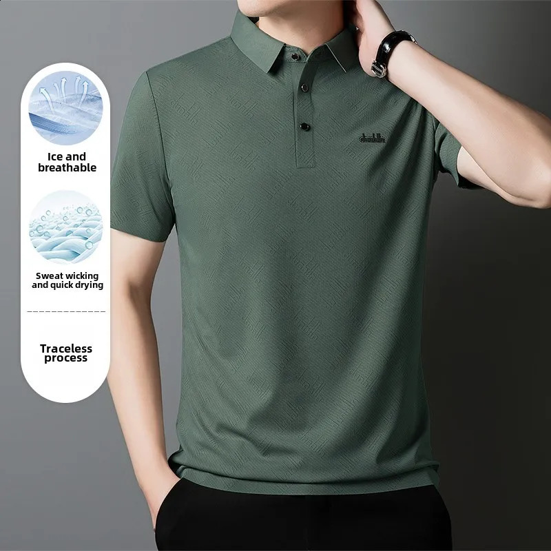 High quality ice silk mens shirt with fashionable printed comfortable and breathable elastic top casual lapel polo shirt 250317