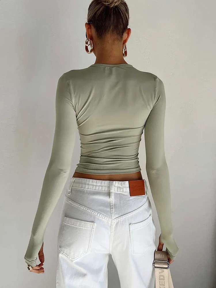 Fashion Women T-shirt Long Sleeve Crew Neck Solid Slim Fit Ladies Crop Top with Thumb Holes for Daily Streetwear Summer Camis 250319