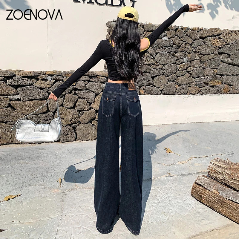 Zoenova retro jeans womens high waisted ultrathin wide leg pants classic blue pocket street Y2K fashion fully matched denim shorts 250317