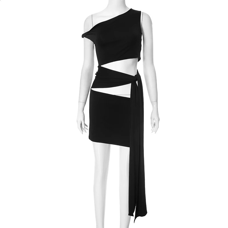 CUTENOVA Summer Solid Color Oblique Collar Strapless Sleeveless Slim Tie Short Dress Hollow Out Sexy Package Hip Fashion 250319