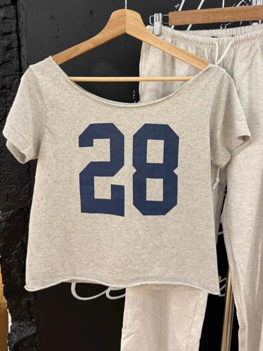 Women 28 Graphic Print Raw Hem Crop Top Summer Slash Neck Short Sleeve Cotton Cropped Tees American Vintage Streetwear T-shirts 250319
