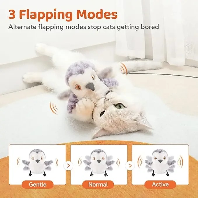 Flapping Bird Cat Toy, Lifelike Bird Chirp Tweet, Touch-Activated Kitten Toy Rechargeable, Interactive Cat Exercise Toys