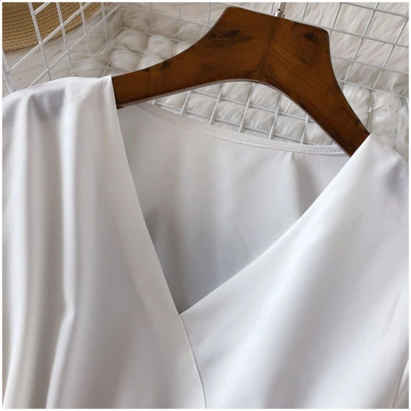 Womens Spring Lantern Sleeve Abdominal Top Warm Waist Office Exposed Collar Chiffon Shirt 250319