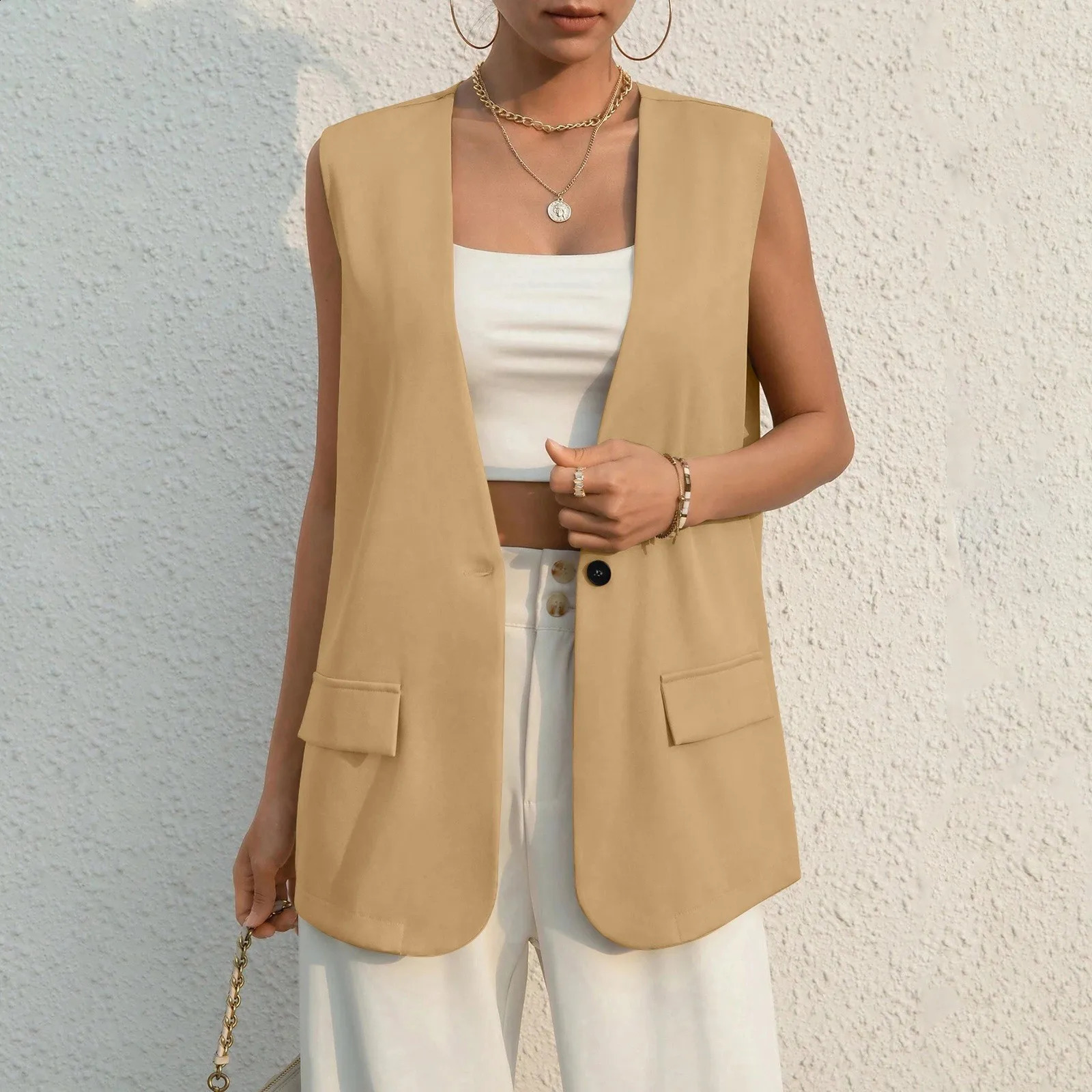 Fashion n set womens retro Vneck work casual loose jacket solid color single button sleeveless thin 250319