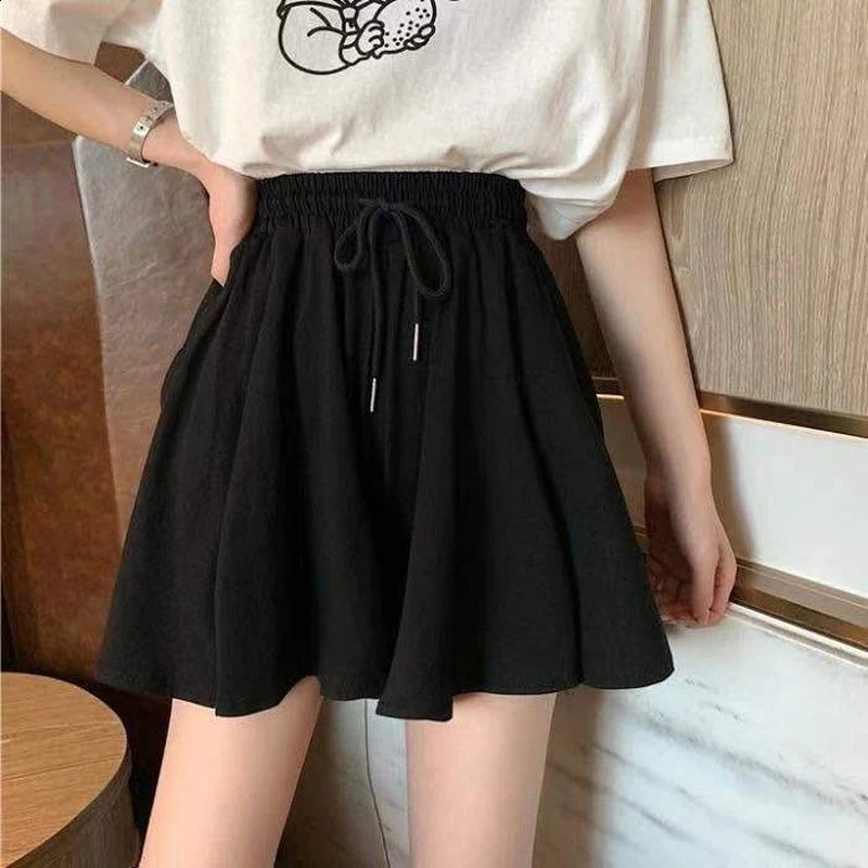 MEXZT 5Xl Summer Shorts Skirts Women Elastic High Waist Casual Wide Leg Shorts Korean A Line Loose Mini Skirt Black Short Pants 250319