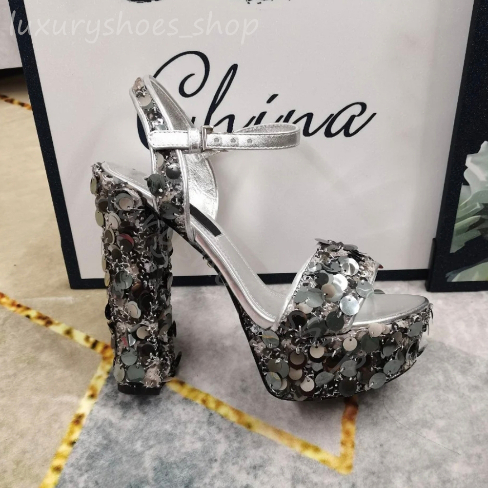 Women's Metallic Sequin Platform Sandals Evening Wedding Dress Shoes Wedding high heeled women high-heel Luxury designer sandals 14.5cm Bring box summer Sandals