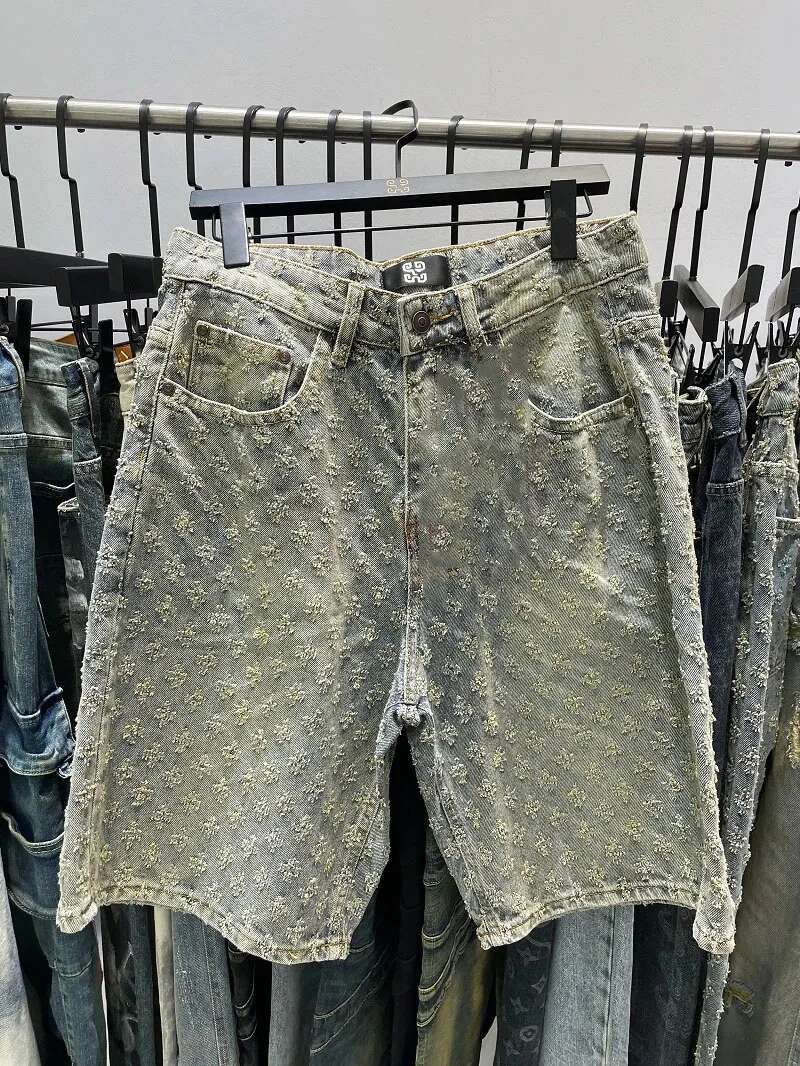 Fashion Casual Summer Light Blue Distressed Men Denim Smart Straight Leg Loosen Male High Street Niche Design Tide Shorts