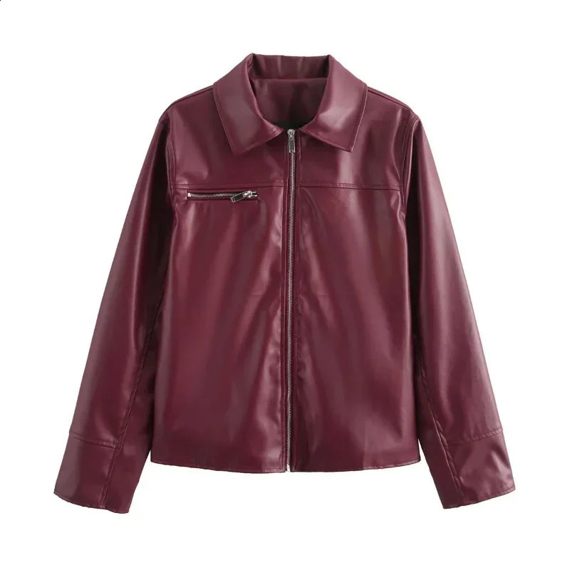 Yaminiya SpringSummer Womens Jacket Fashion Collar Zipper Long Sleeve Coat Street Burgundy Leather 250319