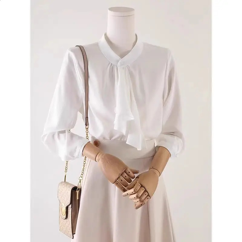Spring and Autumn Elegant Fashion Scarf Collar Shirt Womens Long Sleeve Warm Solid Color Full Match Top Button 250319