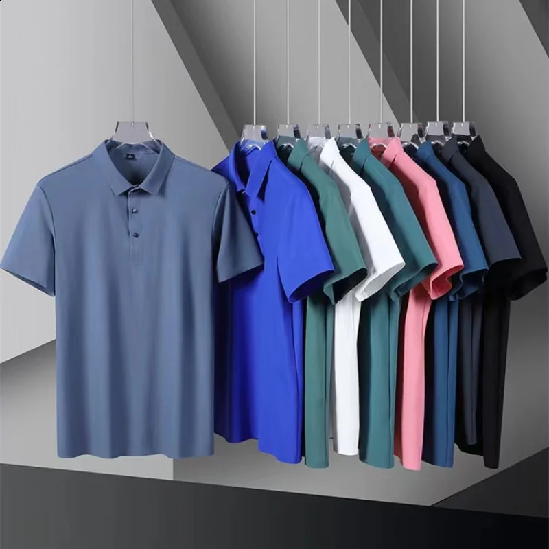 Summer ice silk polo shirt high-end solid color half sleeves unmarked casual collar thin mens clothing 250318
