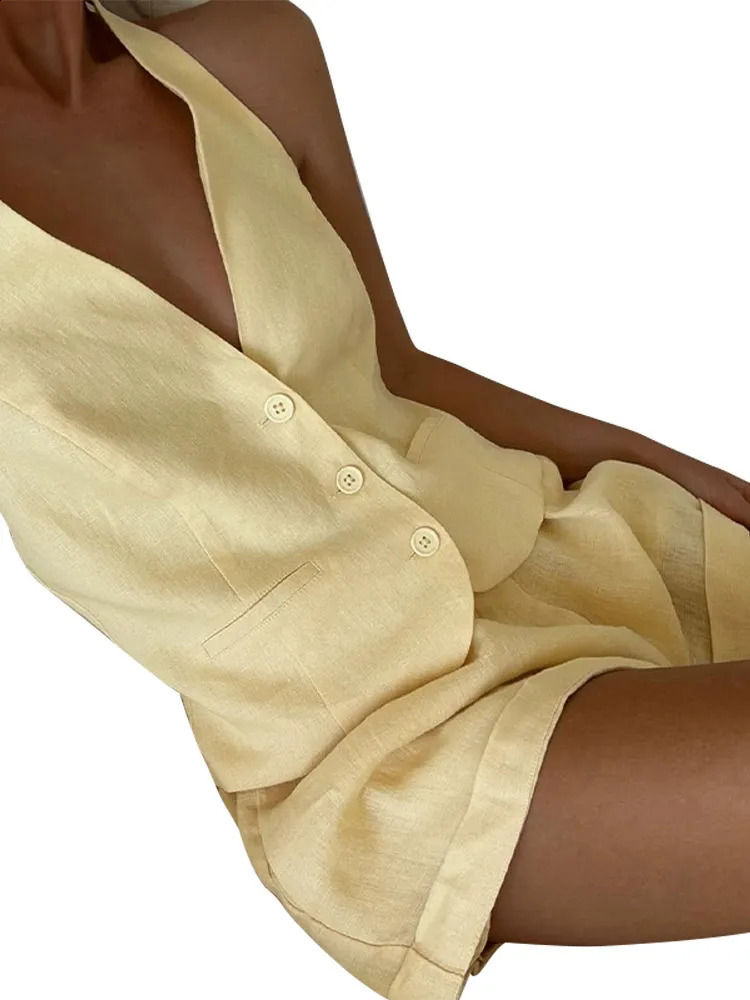 Women Halter Vest Short Suit Lemon-yellow V-neck Single Breasted Sleeve Tops Loose Waist Pockets Sets Female Lady Beachwear 250319