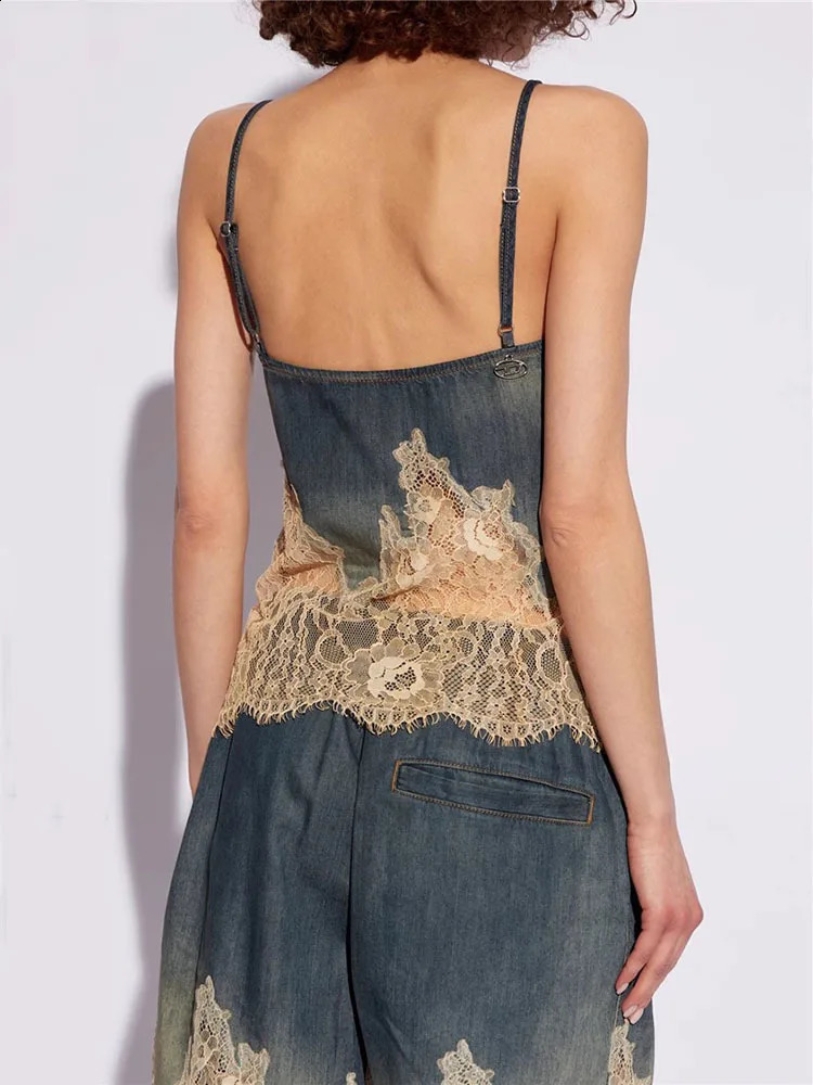 DEAT Fashion Womens 2-piece Denim Lace Backless Tank Top High Waist Lace Pocket Knee Length Set Autumn Style 7AB4274 250317 - view 5