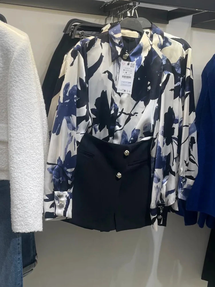 Printed silk satin textured shirt womens long sleeved laminated decorative and top 250319