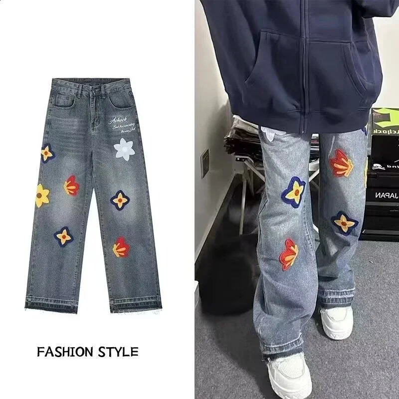 Autumn Y2K vintage floral embroidered jeans for men hiphop fashion bagged denim pants women streetwear blue straight 250319
