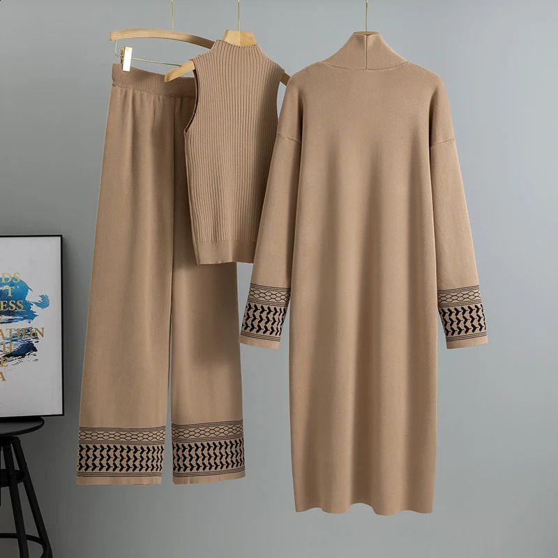 Casual Knitted 3Piece Warm and Open Sweater Tank Top Wide Leg Pants Set Spring 2025 250319
