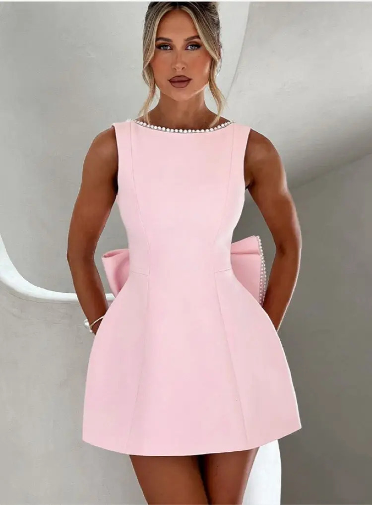 Elegant pearl bow backless short skirt womens sleeveless party cute mini dress black and white pink chic birthday night Y2K style 250314
