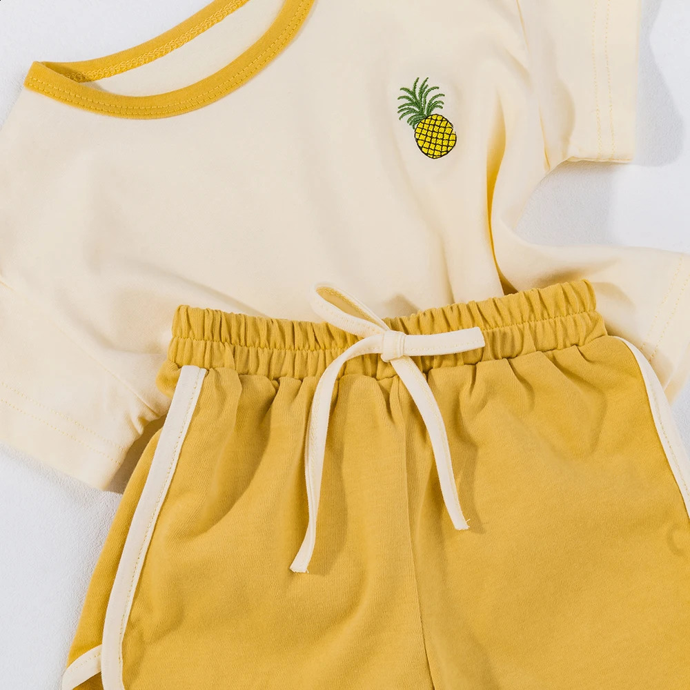 2pcs Baby Girls TShirts Pineapple Embroidery Color Block Short Sleeve Tees Top Elastic Waist Shorts Clothes Set Kids Summer 250319