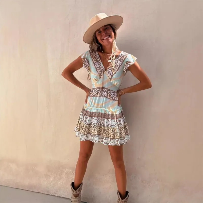 Ethnic Style Short Dress Summer 2024 Womens Vneck Pullover Printed Flying Sleeves Aline Waist Cinched Skirt 250319