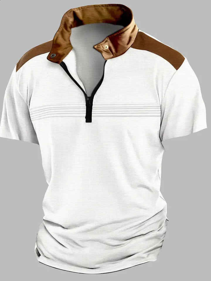 European and American Mens Summer Fashion Casual Sports Zipper Striped Short Sleeve Polo Shirt 250317
