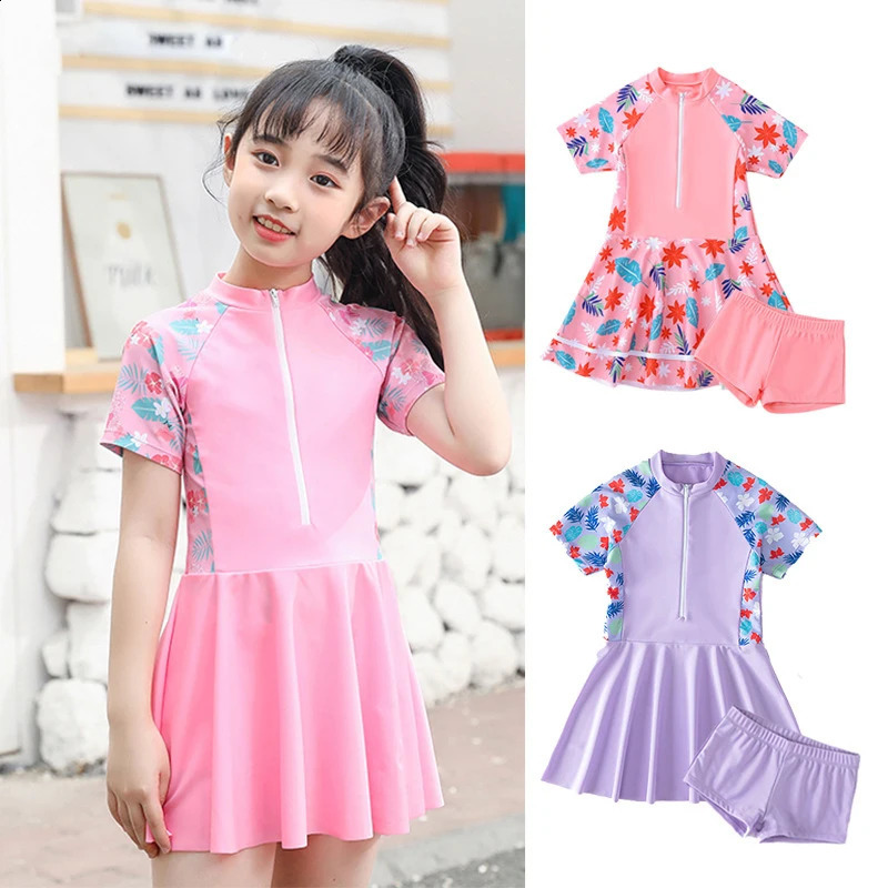 Girl One-piece Swimsuit Pink Purple Flower Print Short Sleeve Zipper Swimwear Children Teenage Girls Swim DressUnderwear Shorts 250319