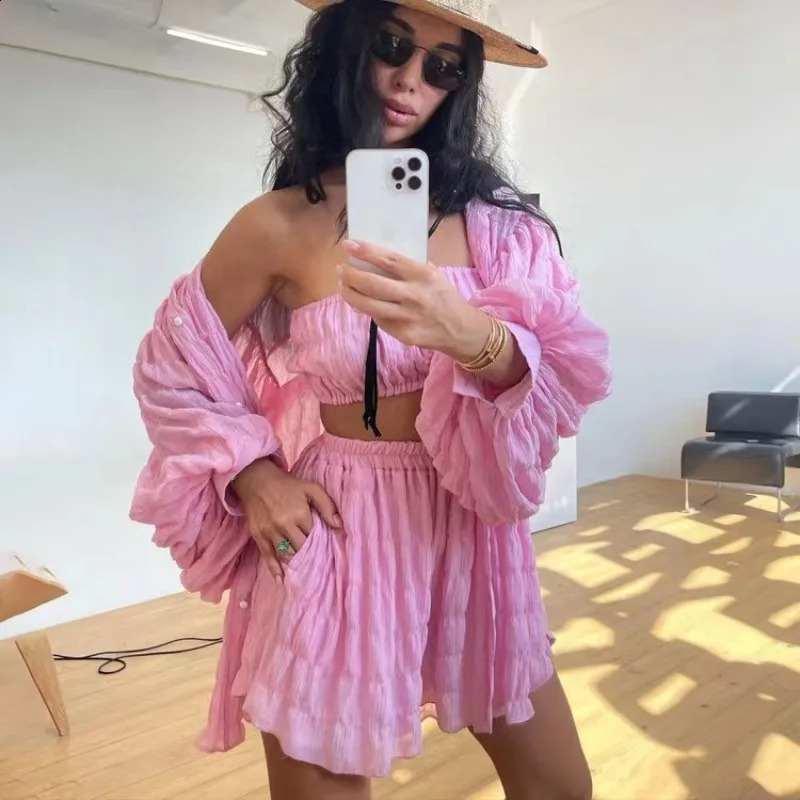 Summer Casual Loose Green 3 Piece Sets Women Outfit Fashion Long Sleeve Top Tube Top Matching High Waist Shorts Set 250319