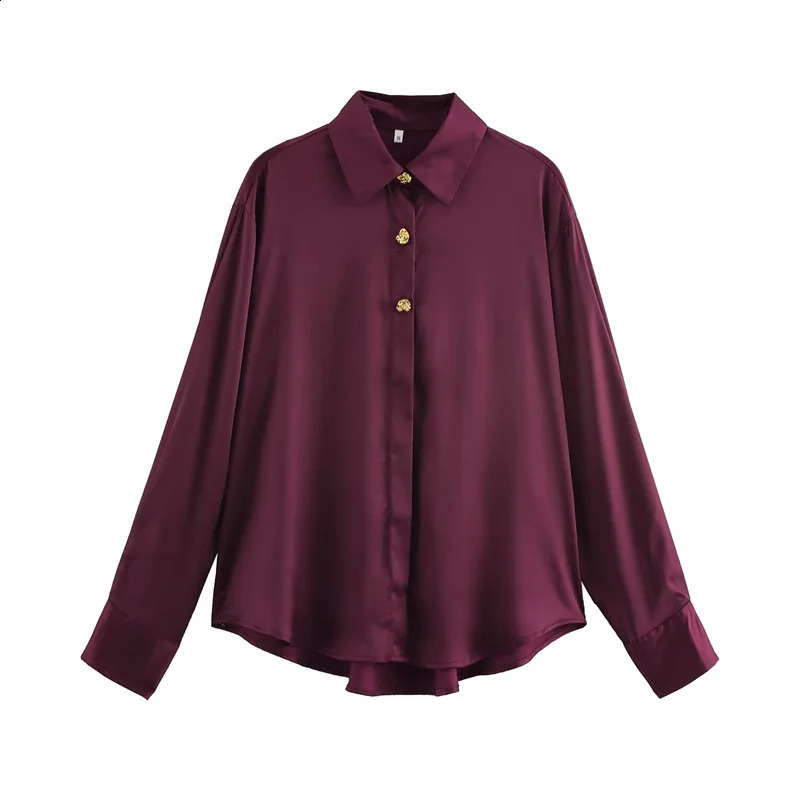 Womens pure satin shirt with gold buttons long sleeved loose top 250319